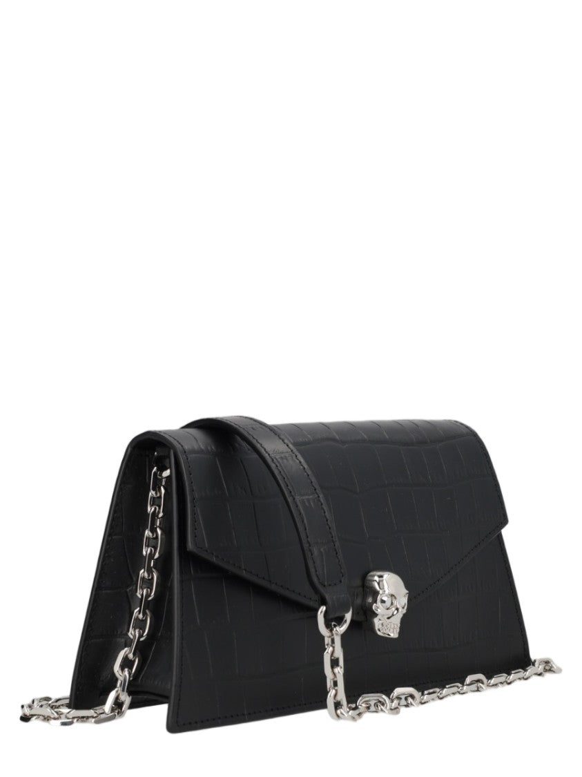 Alexander Mcqueen Mini Rectangular Clutch With Crocodile Pattern And Skull Detail