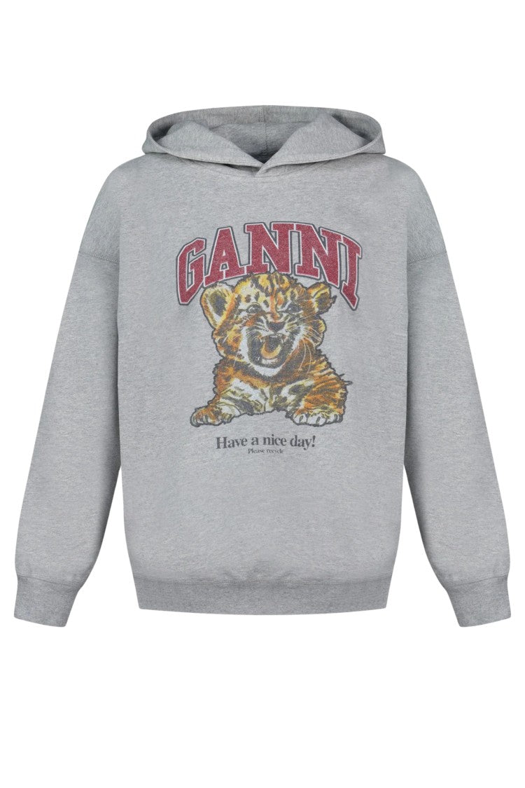Ganni Gray Isoli Hoodie Beaded Baby Tiger Front-Print Cotton Hoodie