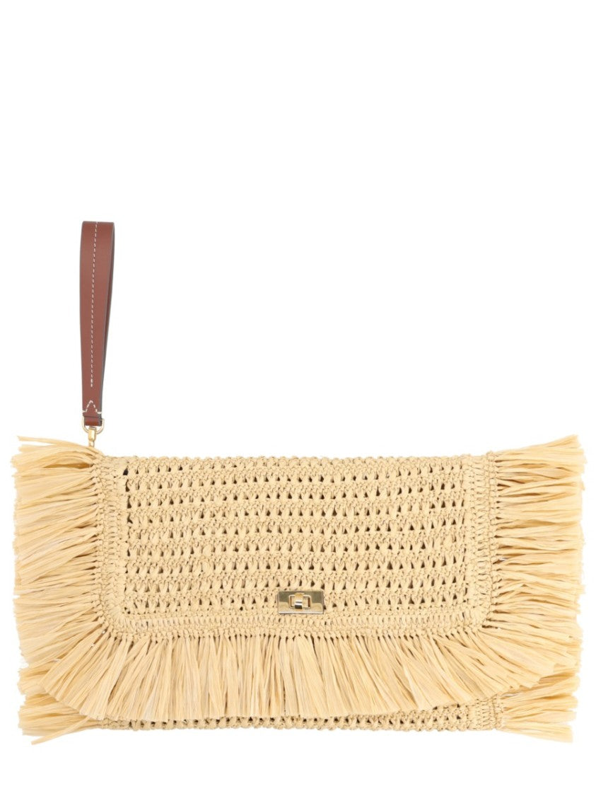 Anya Hindmarch Natural Oversized Fringed Woven Raffia Clutch