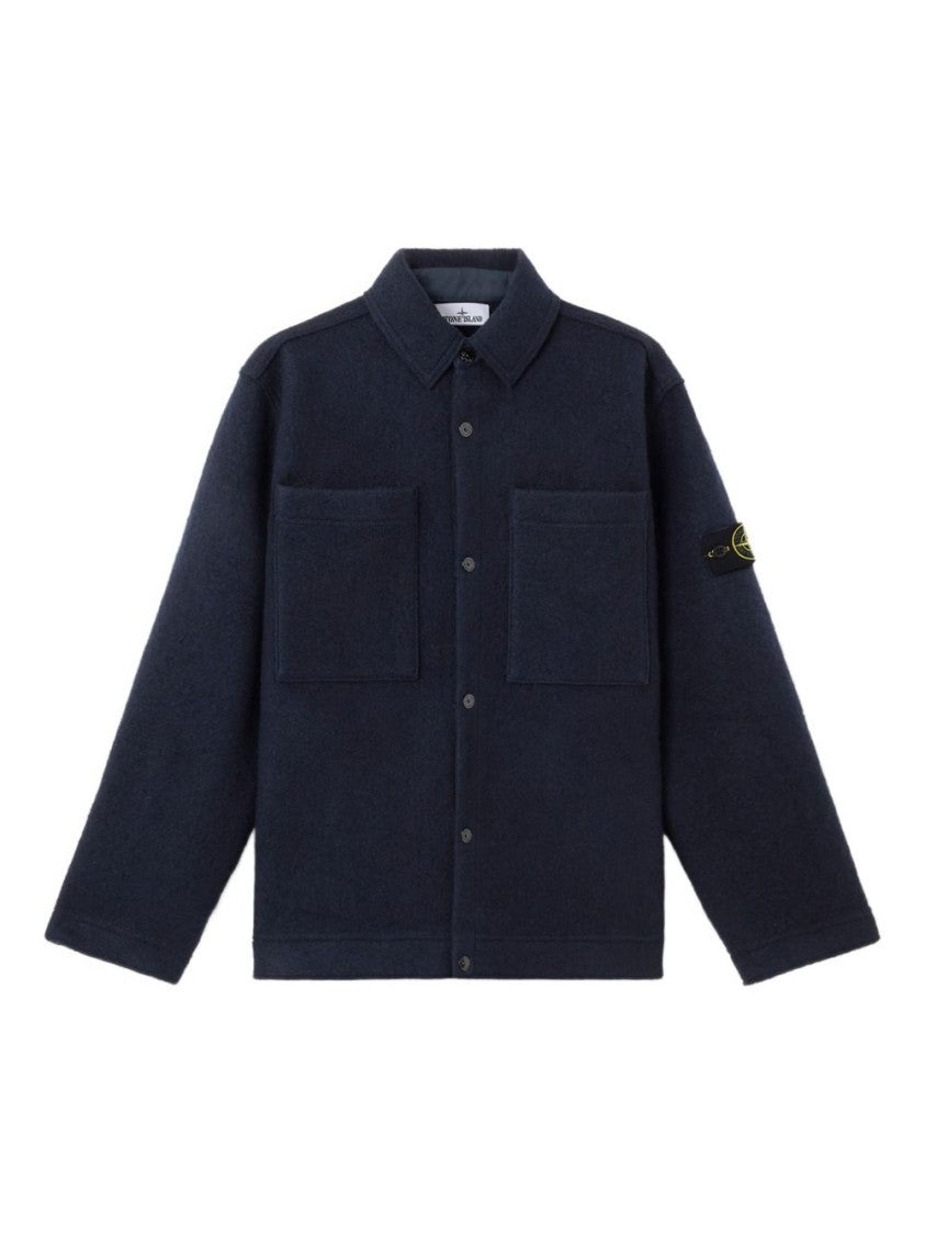 Stone Island Structured Blue Shirt With Logo Badge And Chest Pockets