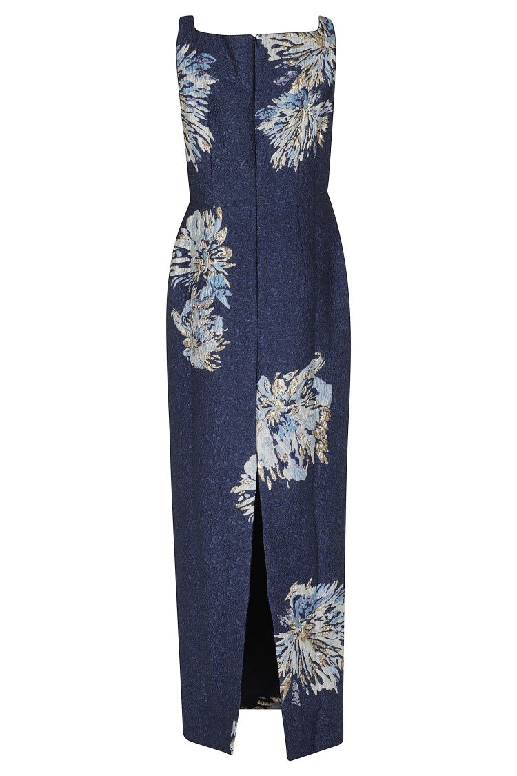 Saloni Blue Bora Metallic Jacquard Square-Neck Maxi Dress