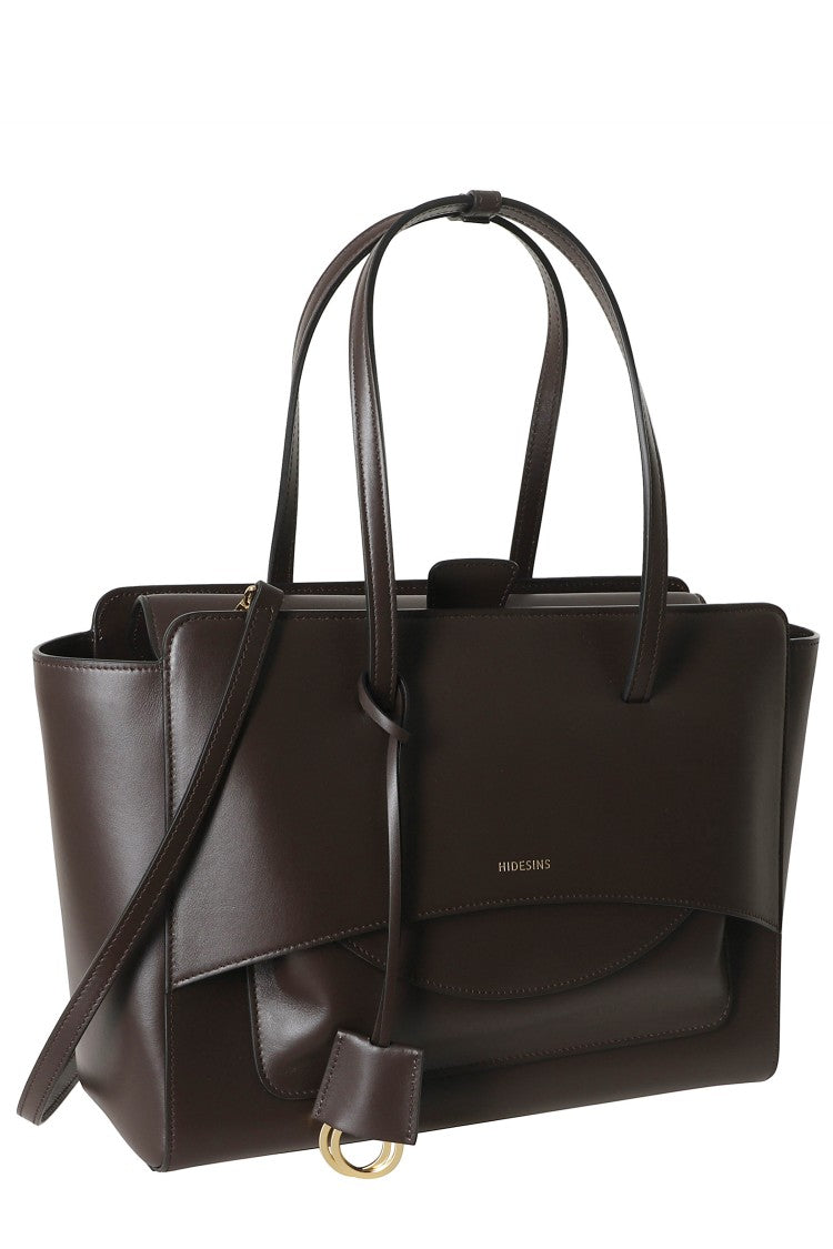 Hidesins Dark Brown Structured Flap L Gold Logo Leather Tote Bag