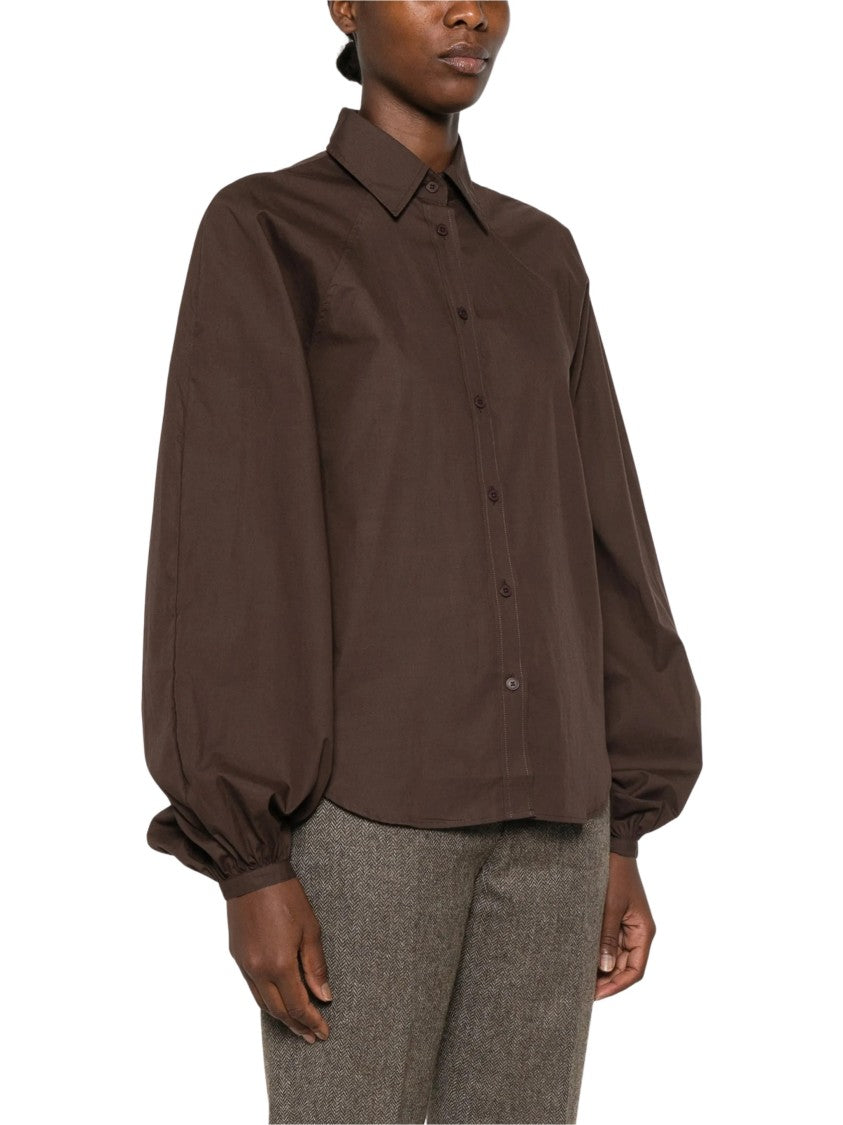 Closed Deep Brown Blouse With Classic Collar And Puffed Sleeves
