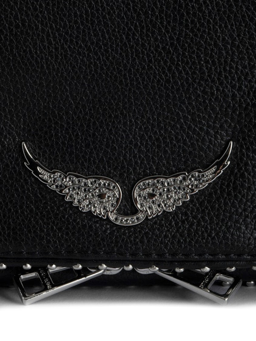 Zadig & Voltaire Textured Black Clutch Bag With Silver Wing Emblem