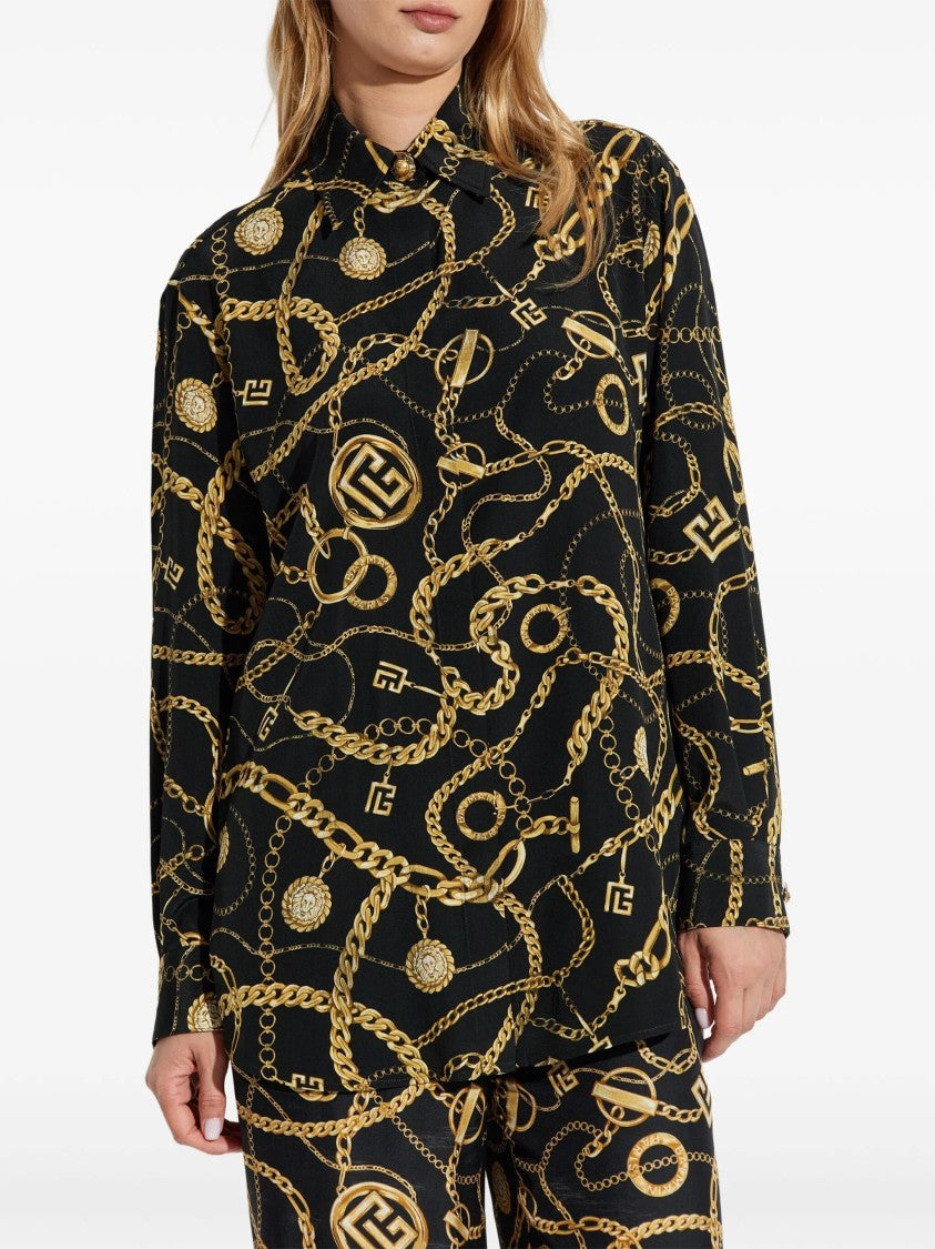 Balmain Black Ls Shirt Chain Print Silk Shirt