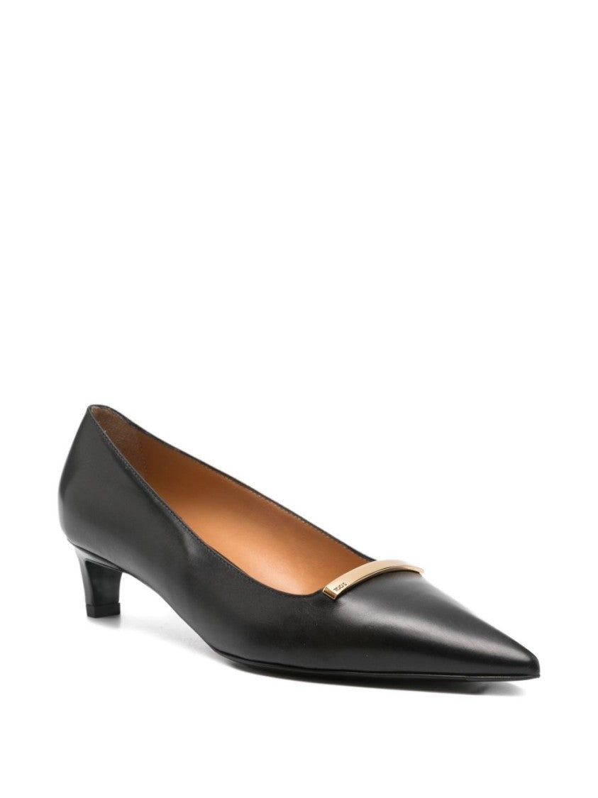 Tod's Black Gold Bar Pointed Kitten Heels