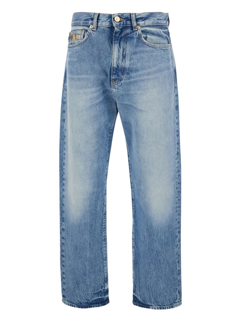 Versace Straight-Leg Denim Look Trousers With Metallic Emblem