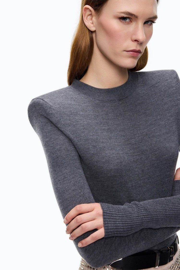 Pinko Grey Wool Ribbed-Cuff Mock-Neck Sweater