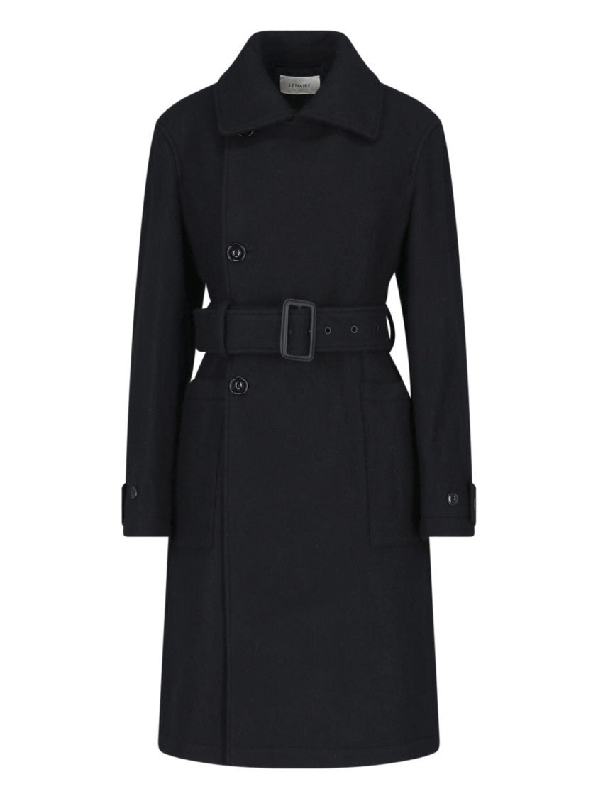 Lemaire Classic Collar Belted Black Wool Coat