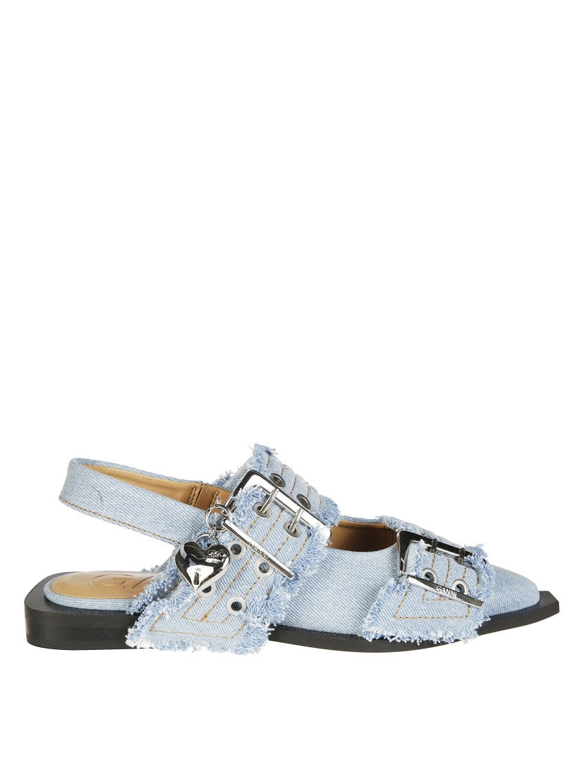 Ganni Pointed Toe Denim Sandals With Frayed Straps