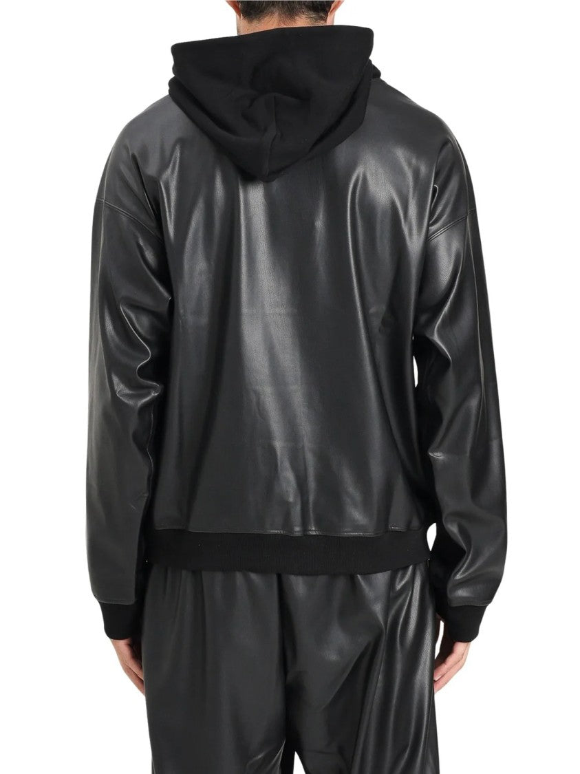 Versace Jeans Couture Black Leather-Look Detail Cotton Hoodie