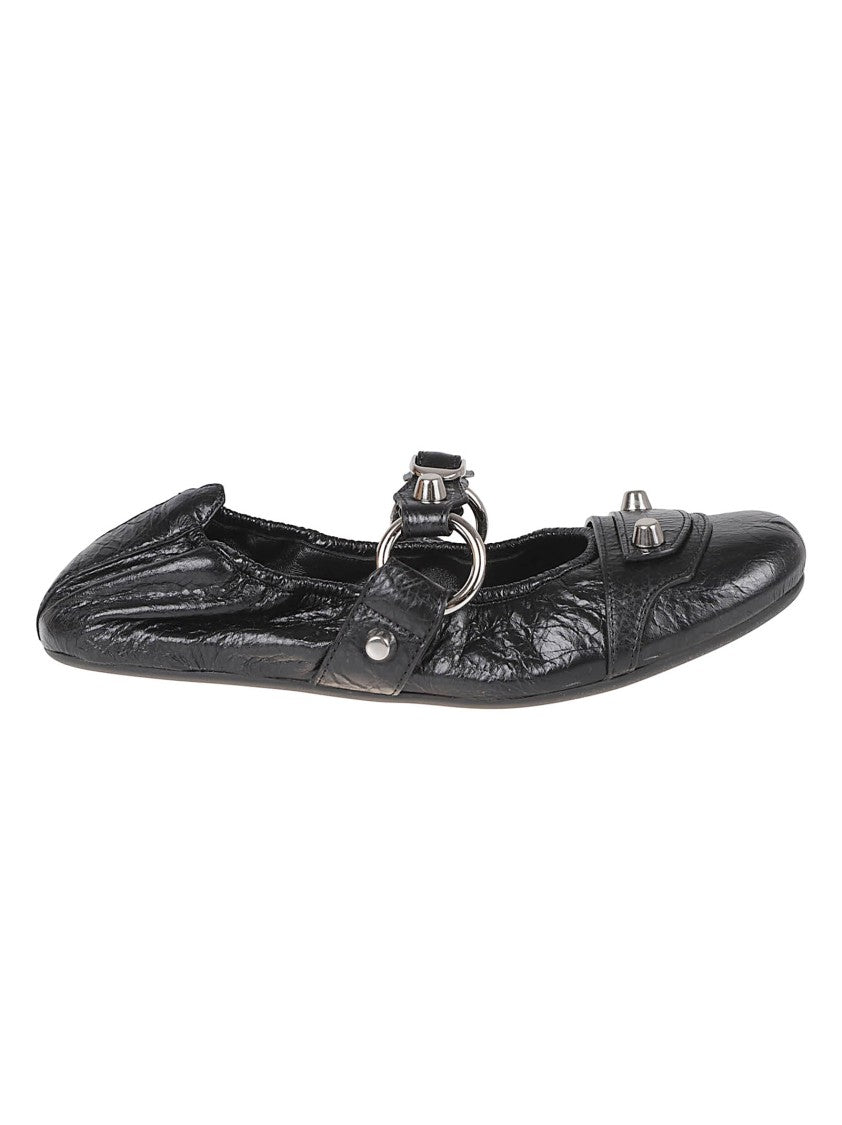 Balenciaga Crinkled Leather Flat Shoes With Pointed Toe And Decorative Hardware