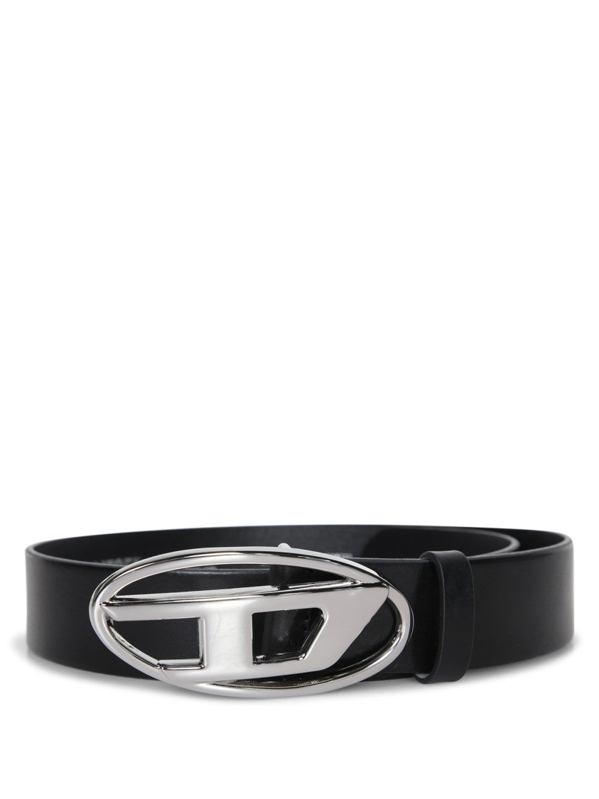 Diesel Black Leather Belt With Polished Metal Logo Buckle
