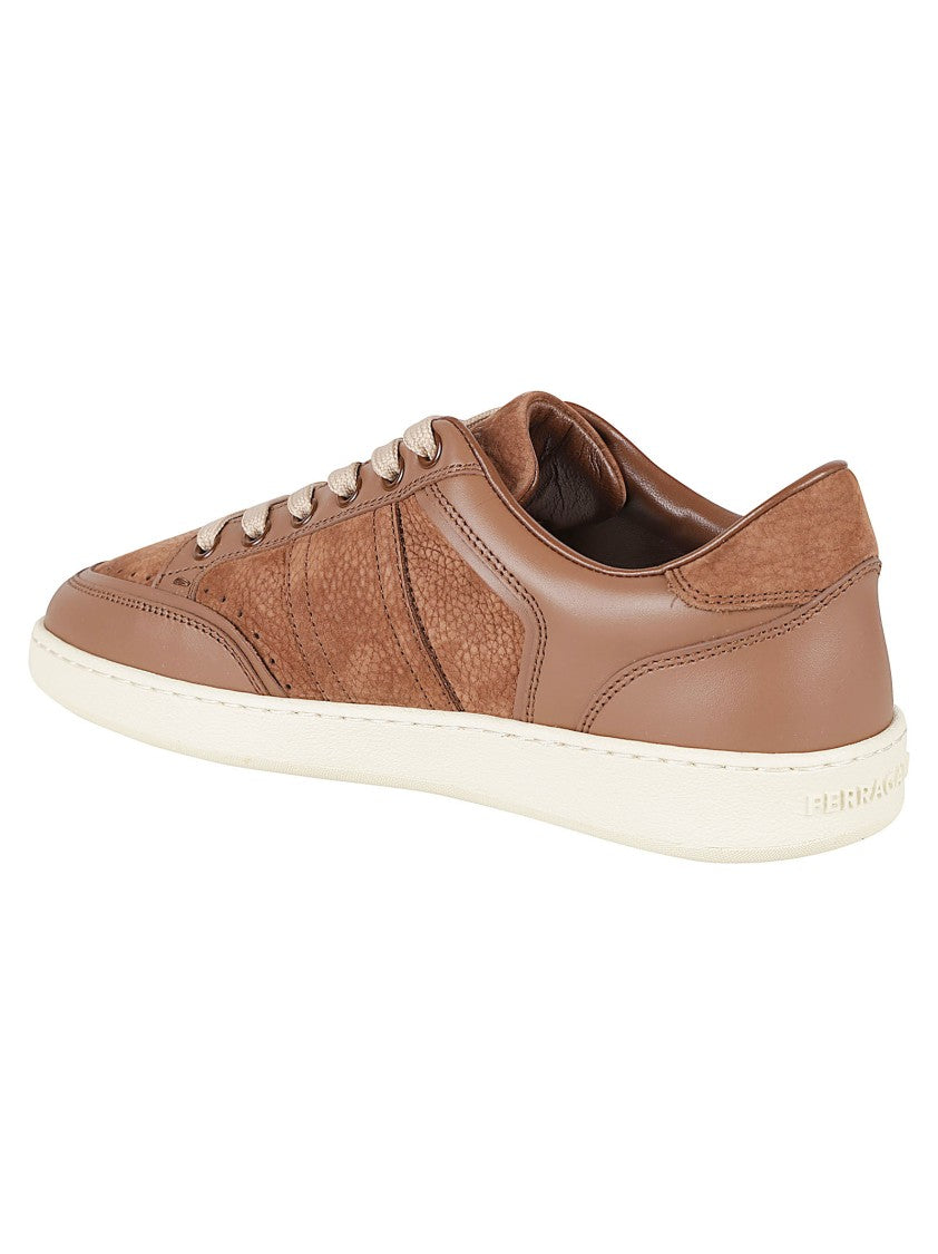 Ferragamo Brown Low-Top Sneakers With Textured Leather Panels