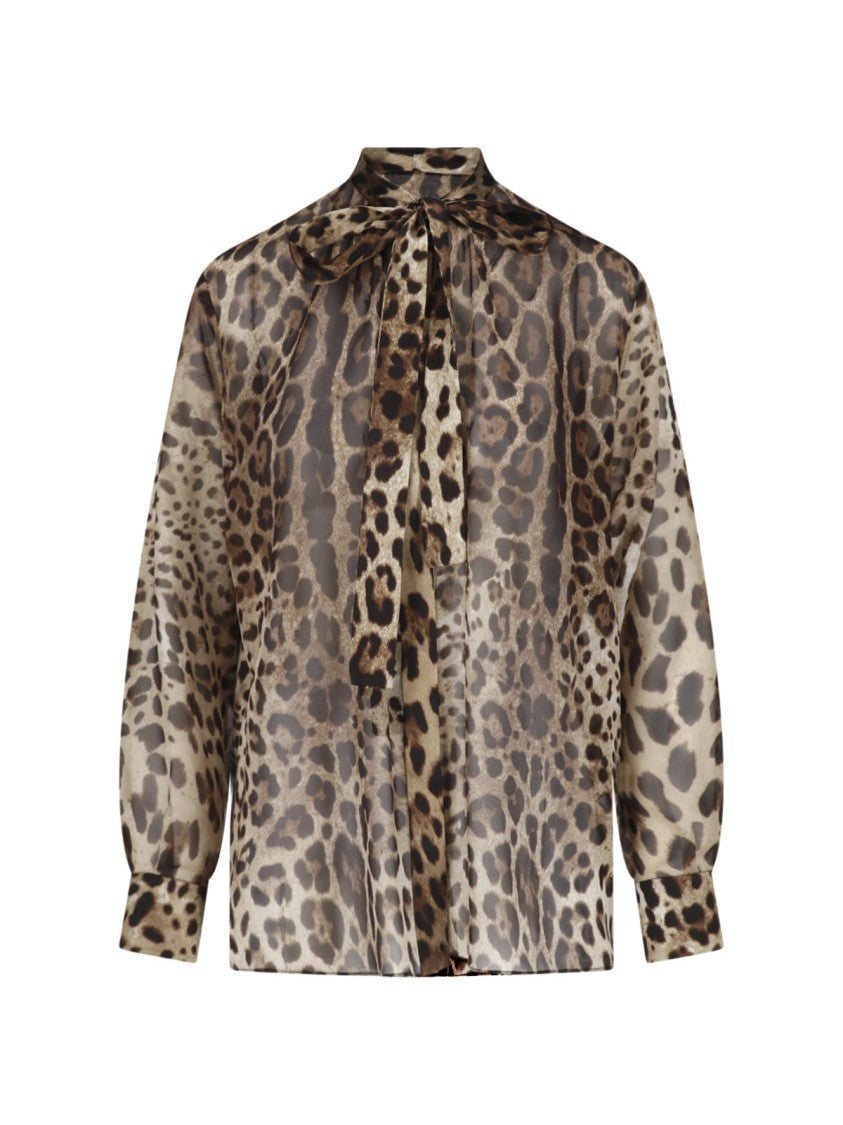 Dolce & Gabbana Silk Animal Print Blouse With Knotted Collar