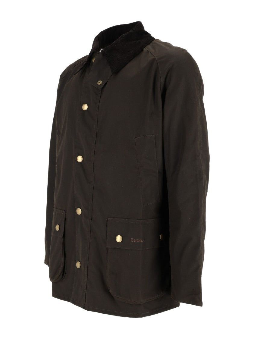 Barbour Brown Waxed Cotton Jacket With Corduroy Collar And Flap Pockets