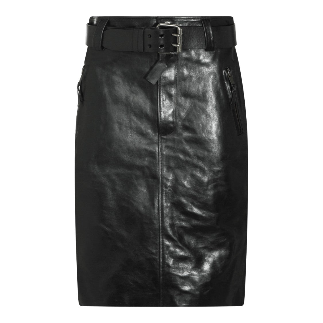 Saint Laurent Smooth Black Leather Midi Skirt With Adjustable Buckle Belt