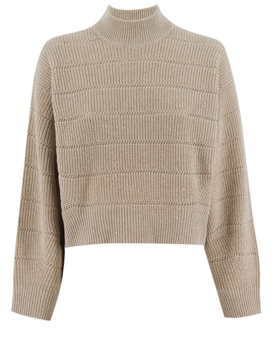 Brunello Cucinelli Beige Wool Jumper With Subtle Sequins