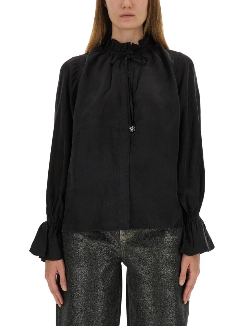 Ganni Black Fluid Cupro Shirt With Ruffled Collar