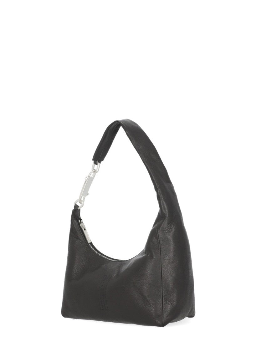 Rick Owens Minimalist Black Leather Bag With Silver Carabiner And Internal Pocket