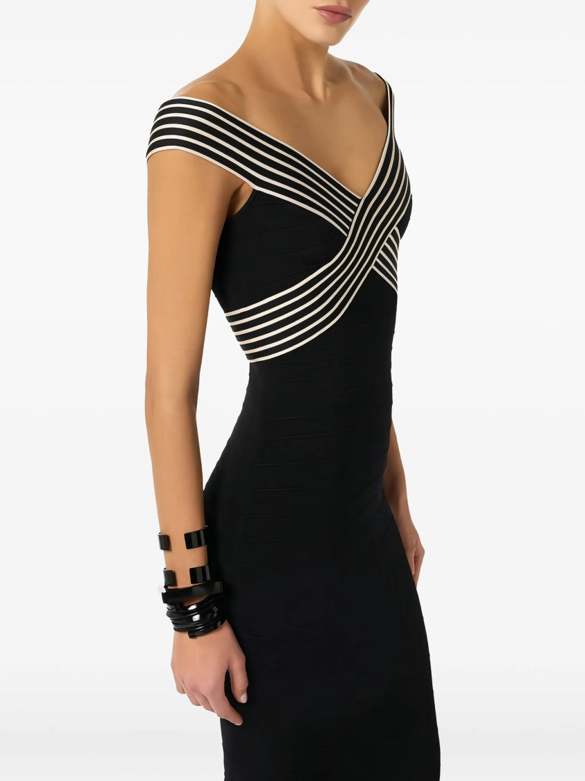 Elisabetta Franchi Off-The-Shoulder Striped Band Black Midi Dress
