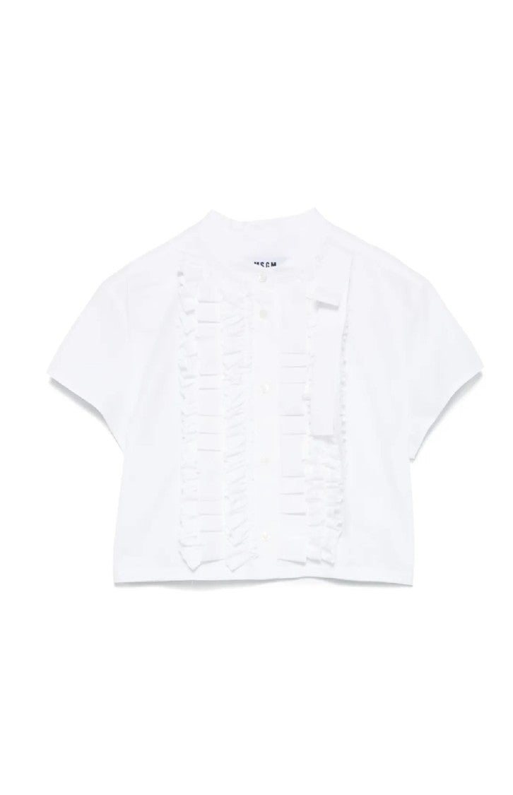 Msgm Cropped White Shirt With Ruffled Front Detail