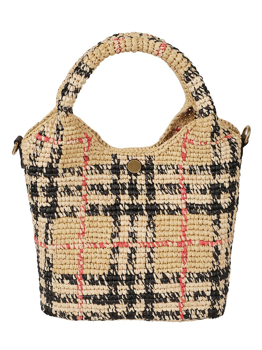 Burberry Woven Raffia Handbag With Classic Plaid Design