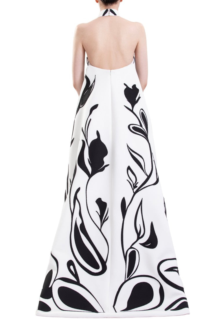 Saiid Kobeisy Laser Cut Scuba Halter Neck Dress With Bold Organic Motifs