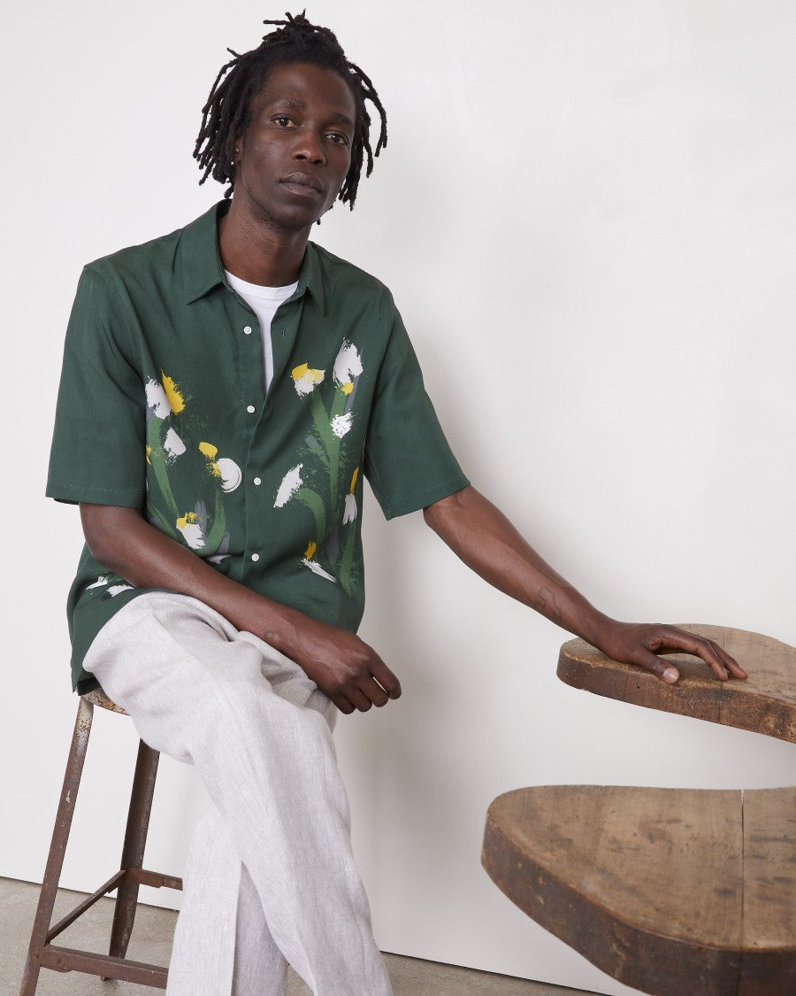 Officine Generale Short-Sleeved Satin Shirt With Watercolor Floral Motif