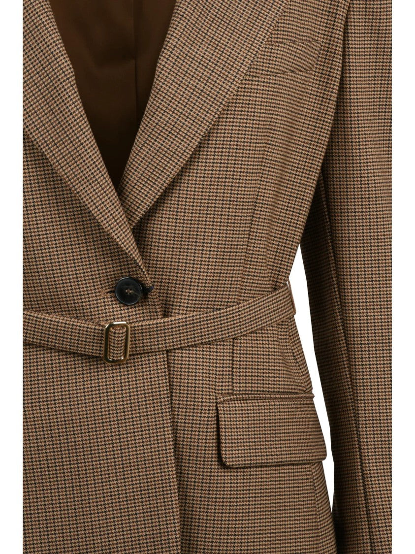 Marella Fitted Brown Wool Jacket With Subtle Checkered Pattern