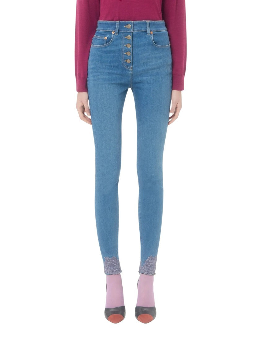 Valentino Blue Floral Lace Trimmed Jeans