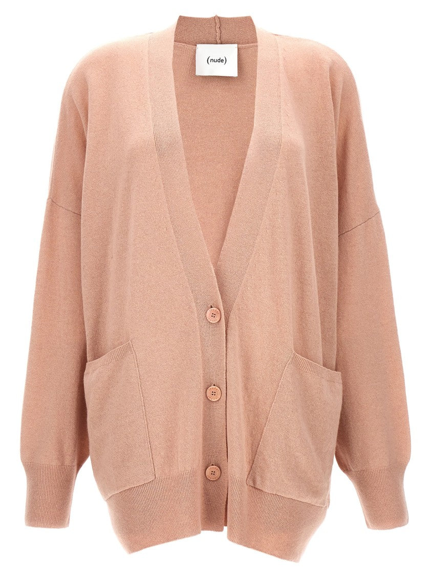 Nude V-Neck Oversize Wool Cardigan With Asymmetrical Fastening