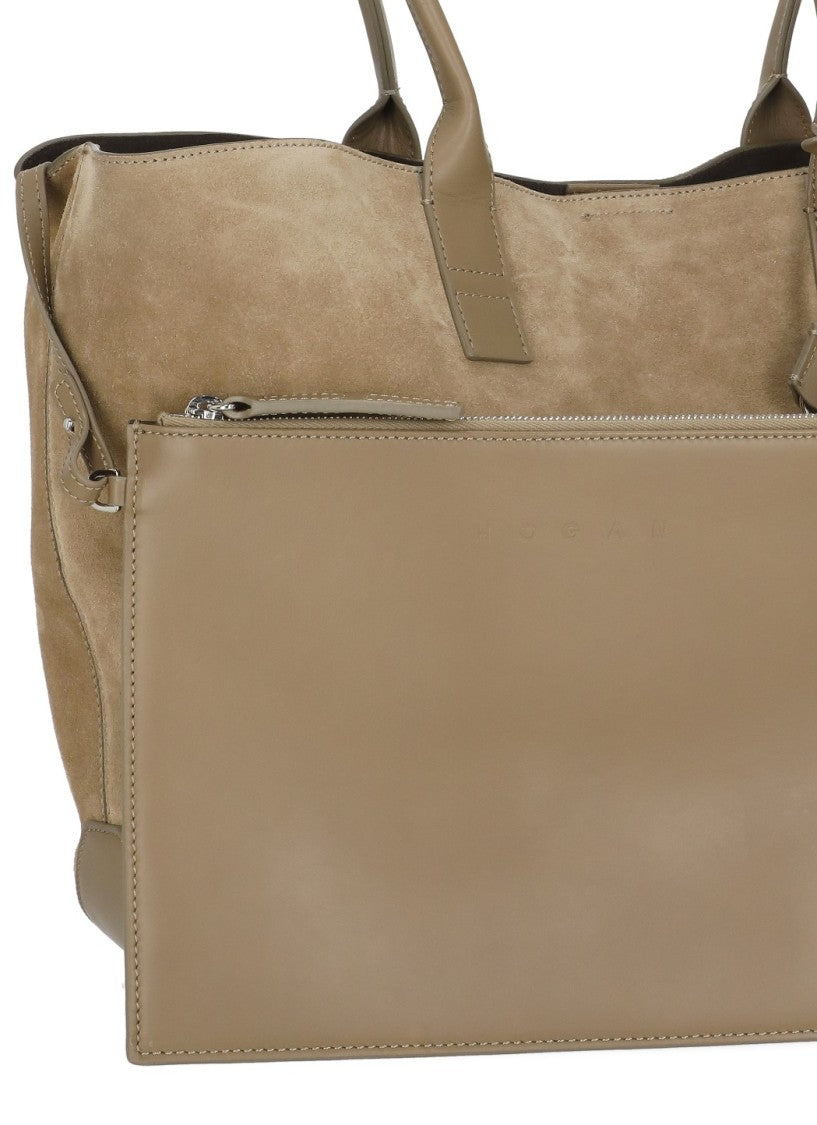 Hogan Beige Suede Leather Tote Bag With Embossed Logo