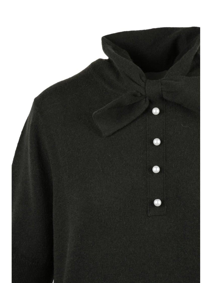Allude Knit Polo Shirt With Bow Detail And Pearl Button Accents