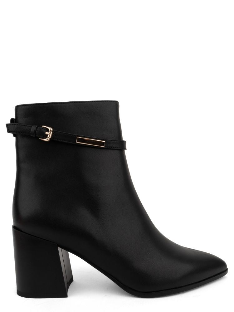 Adrianna Feretti Black Pointed Toe Slim Buckle Strap Leather Ankle Boots
