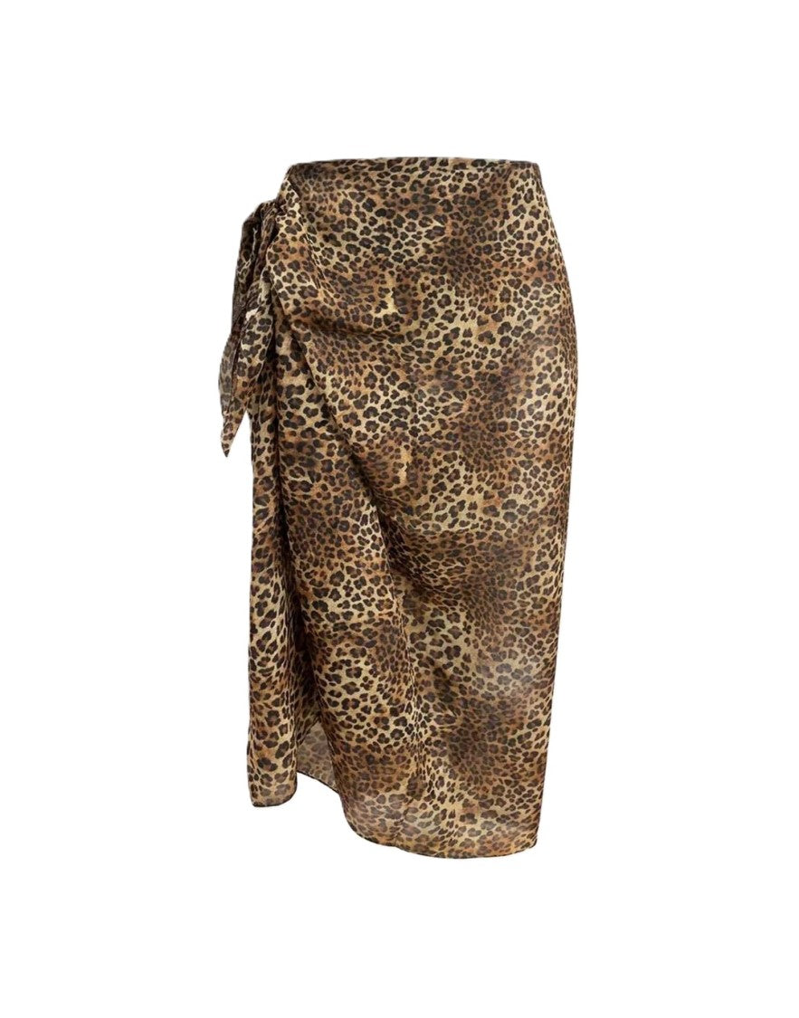 Mc2 Saint Barth Flowing Leopard Print Silk Voile Long Pareo Skirt
