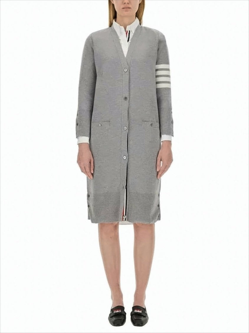 Thom Browne Light Grey Merino Wool Cardigan With Signature Stripe Accents