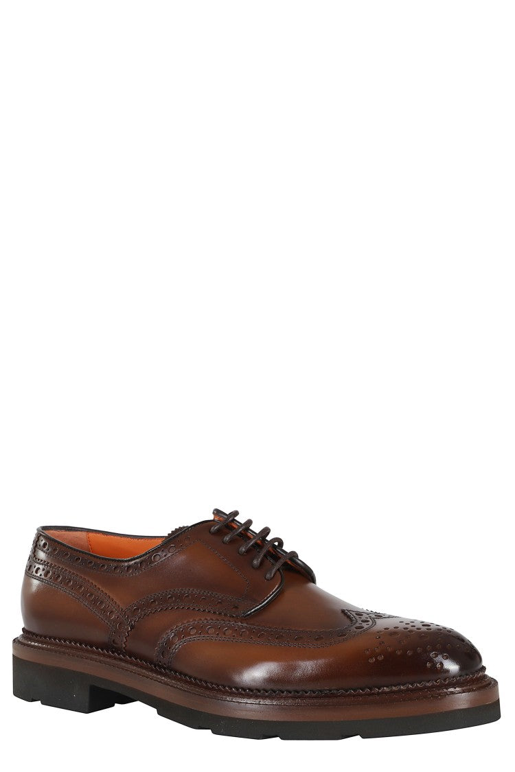 Santoni Brown Leather Lace-Up Shoes With Brogue Detailing