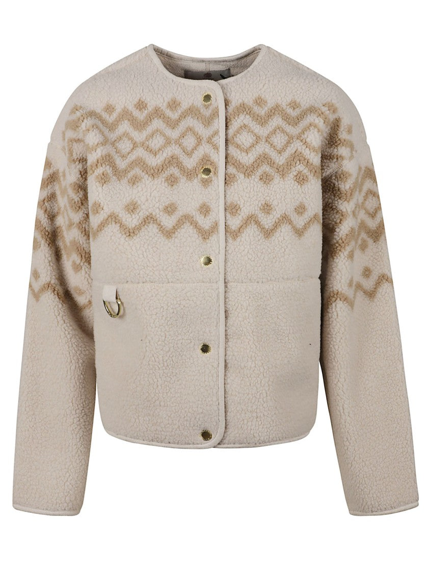 Barbour Cropped Fleece Jacket With Geometric Detailing And Snap Closures