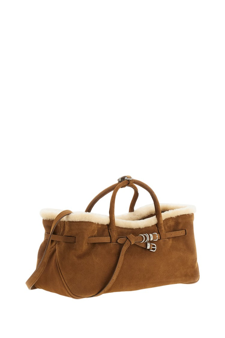 Margesherwood Soft Suede Handbag With Fold-Over Shearling Cuff And Adjustable Details