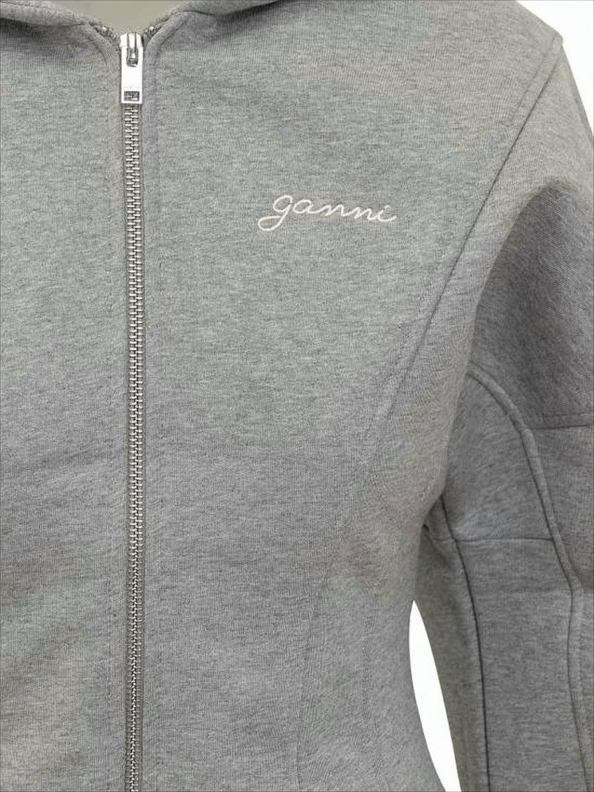 Ganni Fitted Grey Organic Cotton Hoodie With Structured Paneling