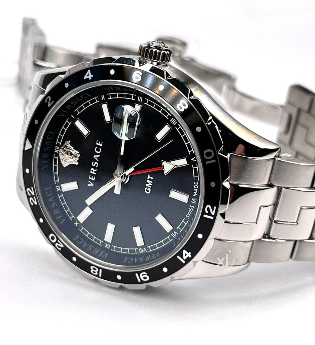 Versace Hellenyium Gmt Stainless Steel Watch With Black Dial And Sapphire Crystal