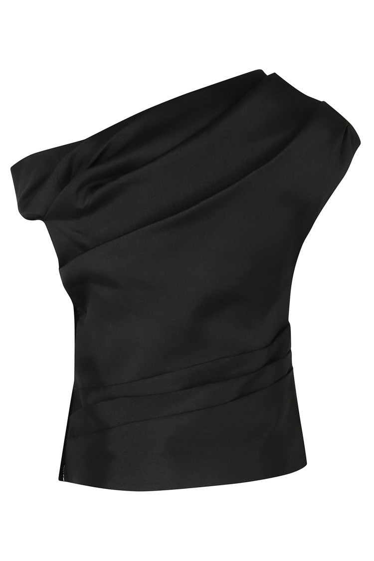 Self-Portrait Black Asymmetrical Draped One-Shoulder Taffeta Top