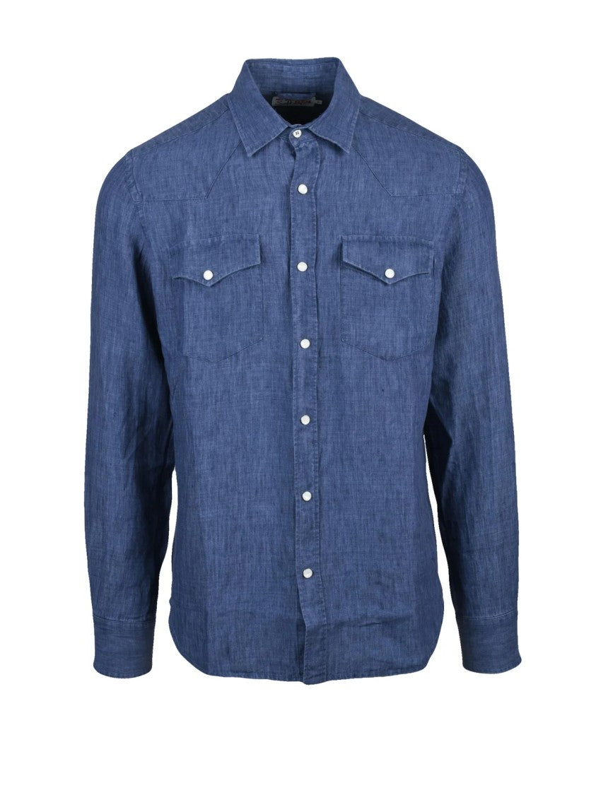 Mc2 Saint Barth Indigo Textured Flap Pocket Linen Shirt