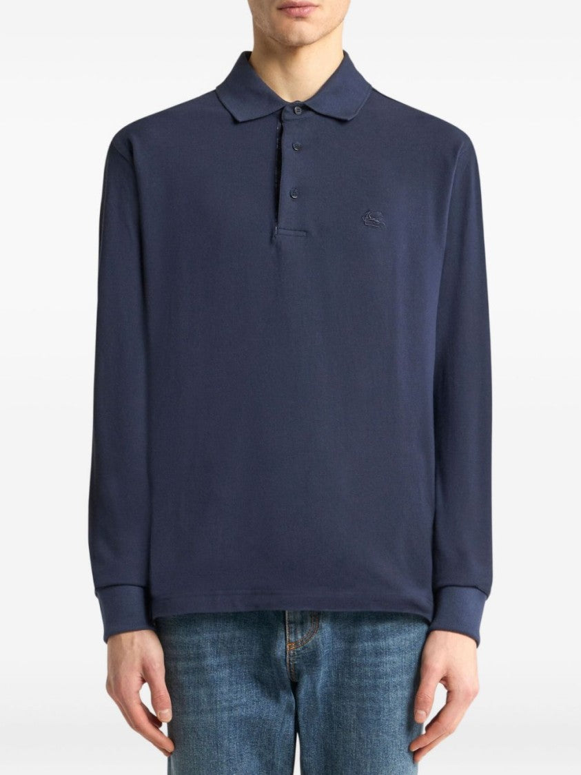 Etro Pegaso-Embroidered Navy Blue Long Sleeve Polo Shirt