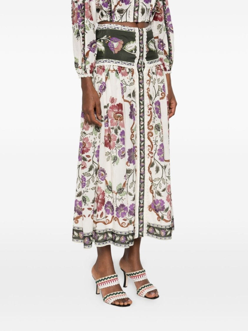Farm Rio Multicolor Wide Floral-Trimmed Midi Skirt