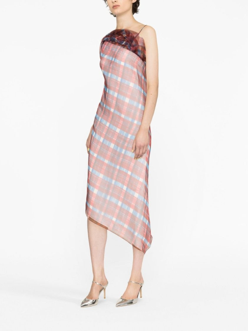 Ferragamo Asymmetric-Hem Plaid Organza Midi Dress