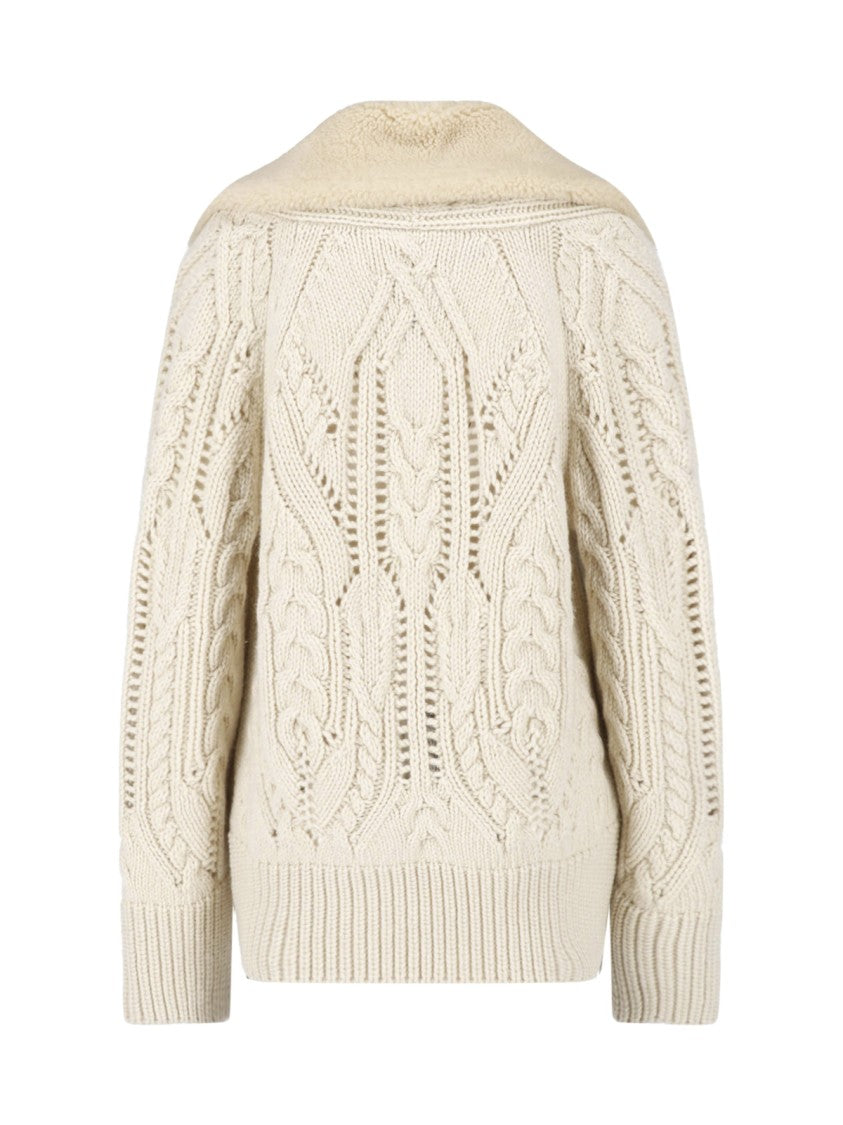 Ermanno Scervino Cream Shearling Collar Virgin Wool Cardigan
