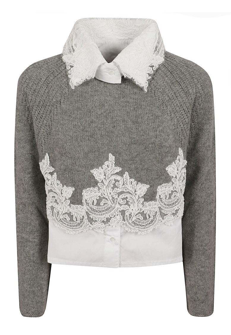 Ermanno Scervino Grey Cashmere Knit Sweater With Lace Trim
