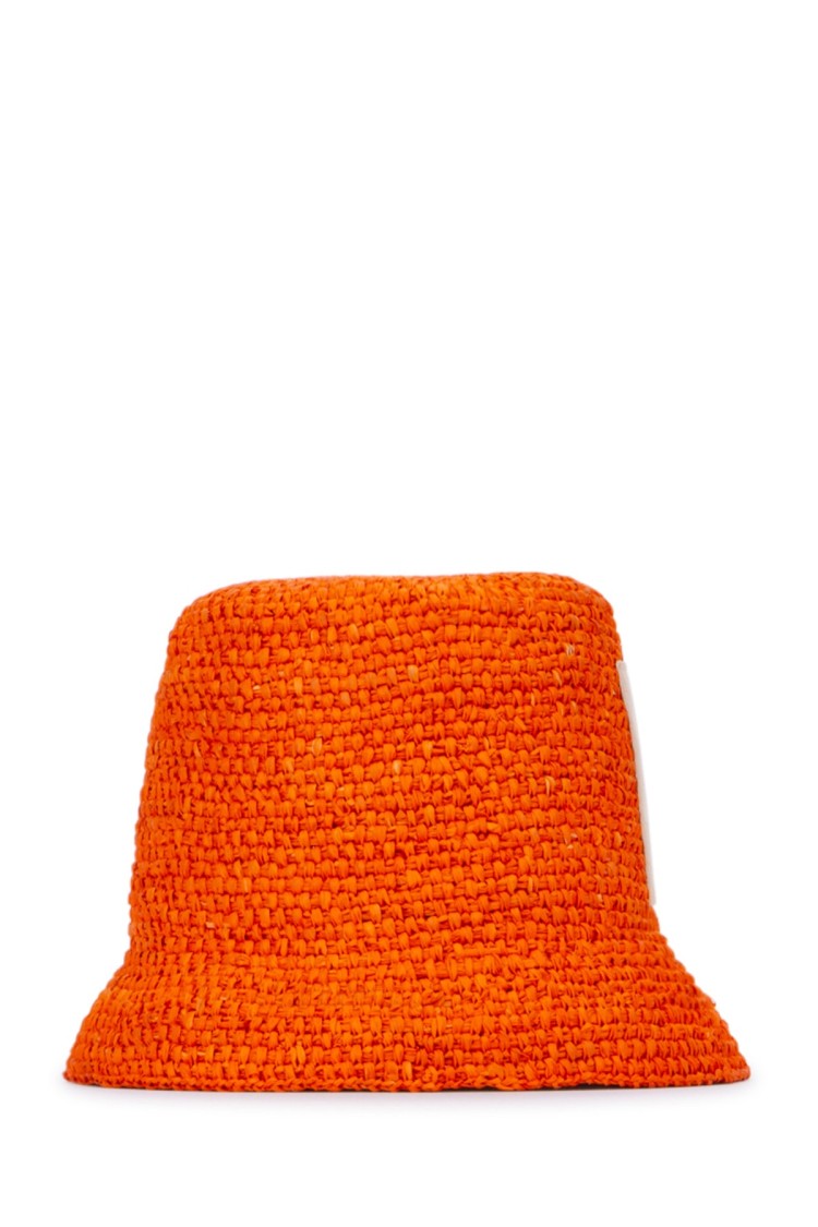 Jacquemus Textured Orange Woven Bucket Hat With Logo Patch